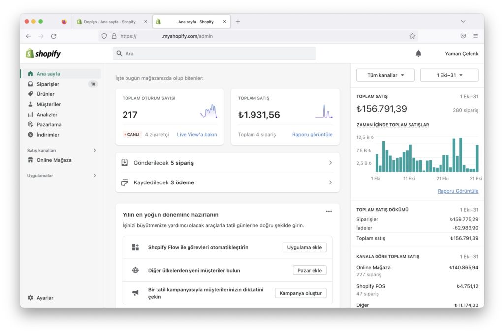 shopify dashboard home