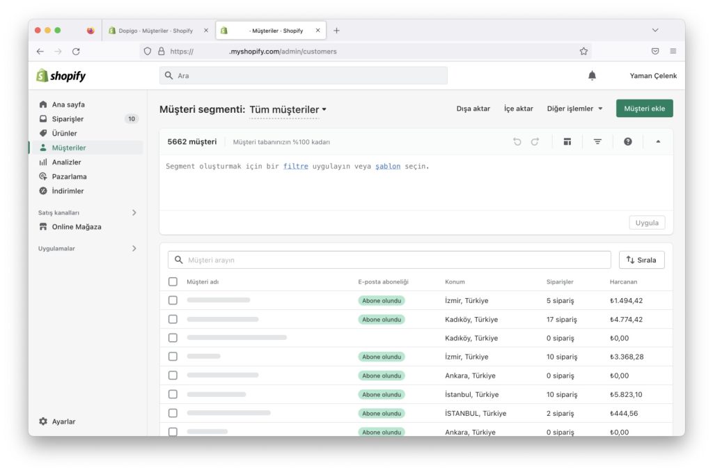 shopify musteriler