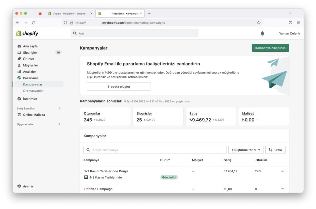 shopify pazarlama kampanya