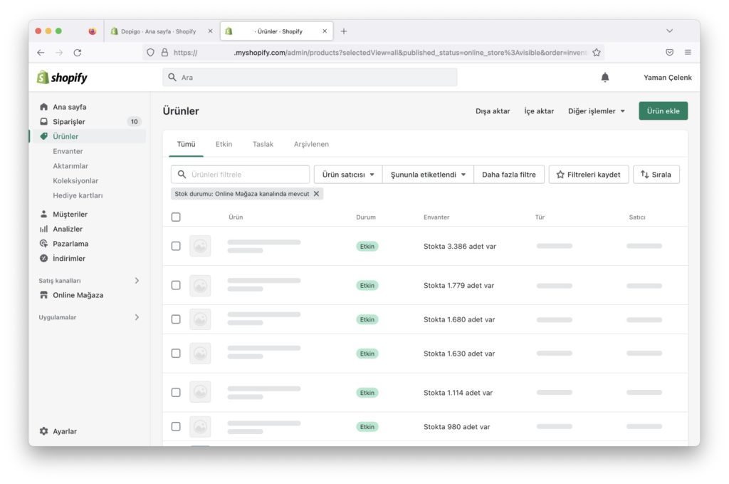 shopify urunler
