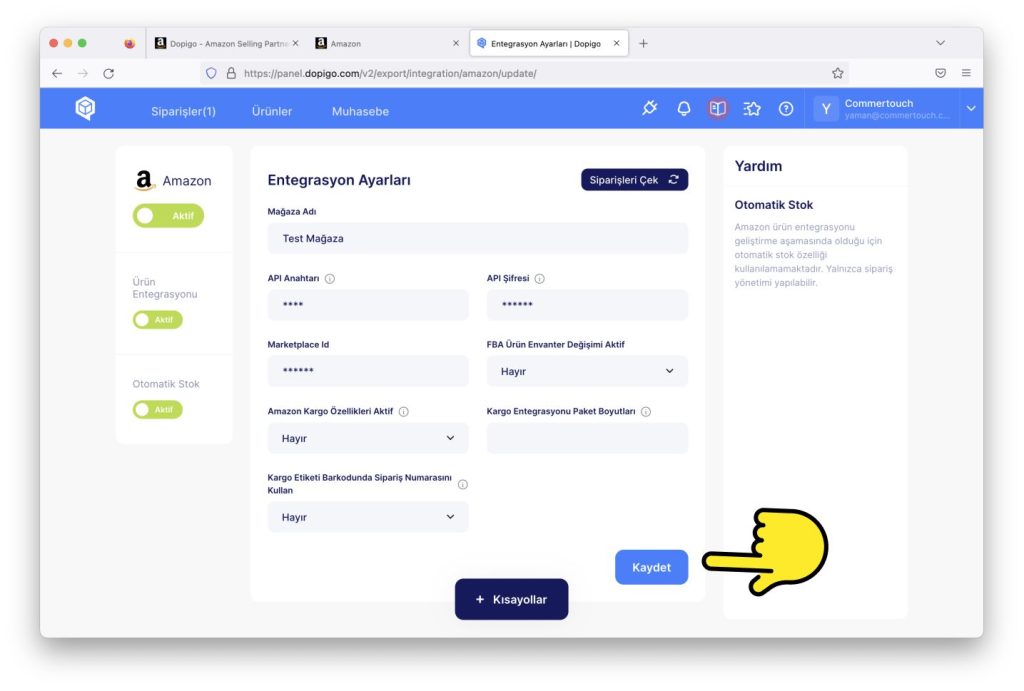 amazon api entegrasyonu dopigo 5