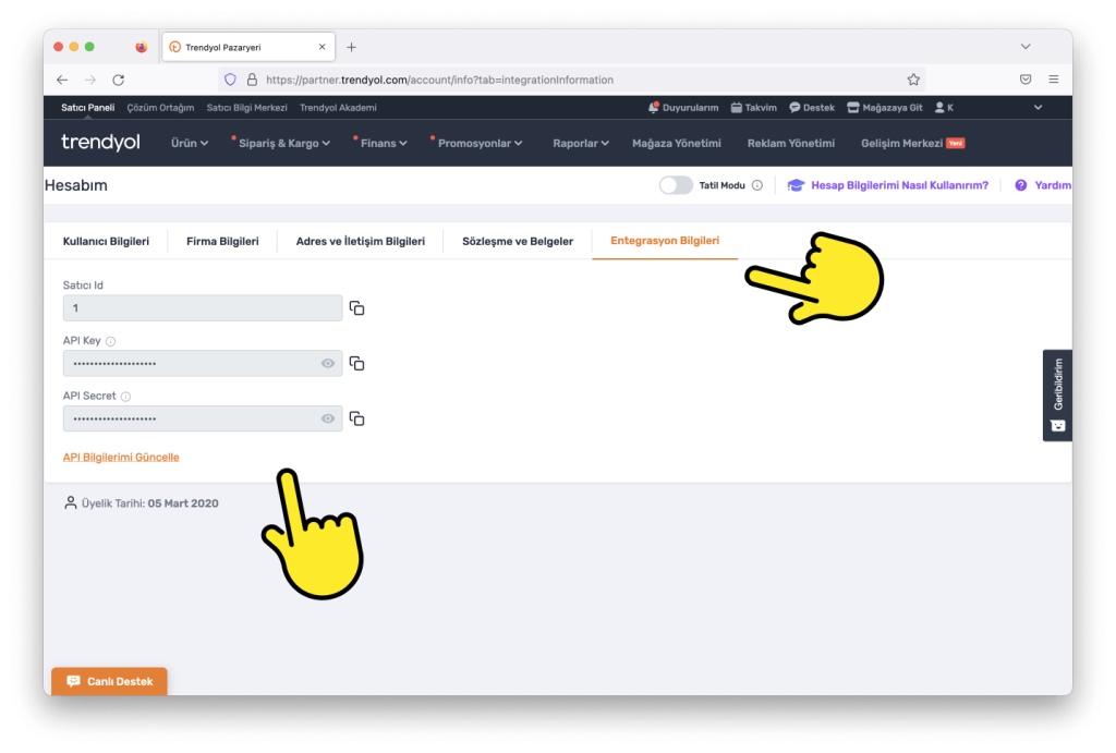 trendyol entegrasyon api bilgileri